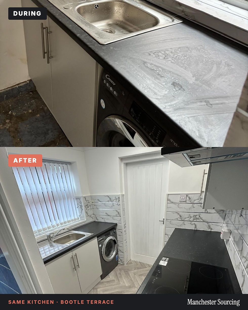 The kitchen at 38 Smollett Street, Bootle, during the refurbishment and after it, with new worktops, wall panels and herringbone flooring