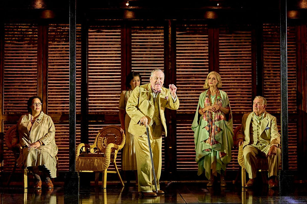 Mark Hadfield as Hercule Poirot, with Helen Katamba, Camilla Anvar, Glynis Barber and Terence Wilton in Death on the Nile. cr Manuel Harlan