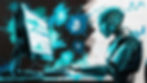 A robot operates a computer with financial charts, surrounded by Bitcoin symbols. The scene features blue tones and an analytical mood.