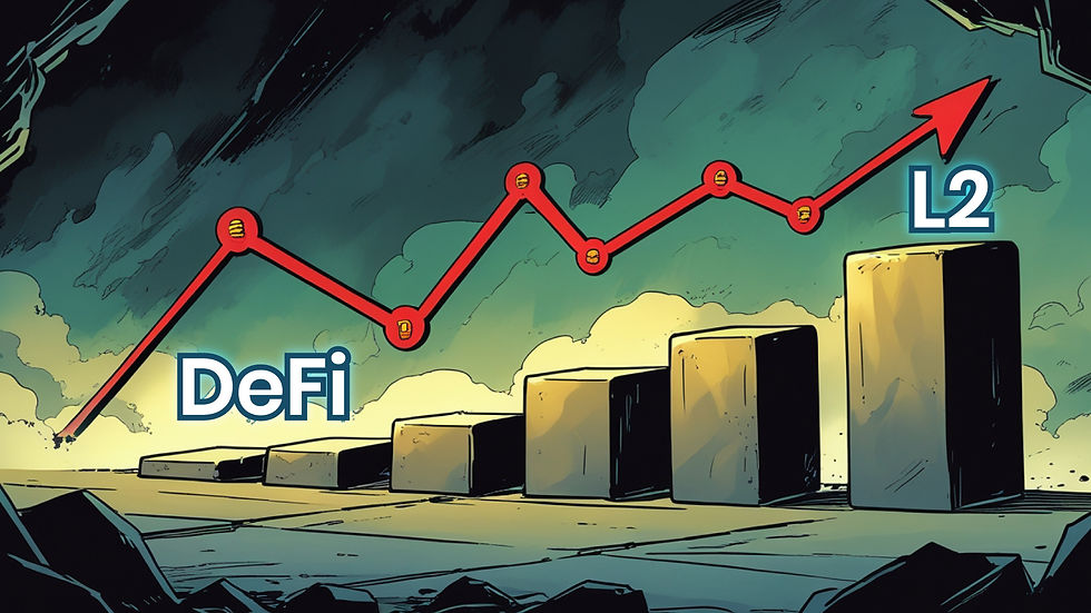Bar graph with increasing steps, red upward trend line, "DeFi" and "L2" text. Dark, moody background with clouds.