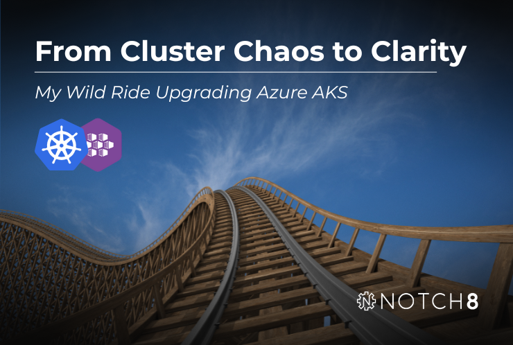 An image of a roller coaster with text overlay "From Cluster Chaos to Clarity; My Wild Ride Upgrading Azure AKS", with the Kubernetes logo, the Microsoft Azure AKS logo, and the Notch8 logo.