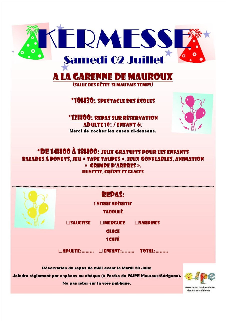Samedi 02 Juillet Kermesse des écoles à la garenne de Mauroux