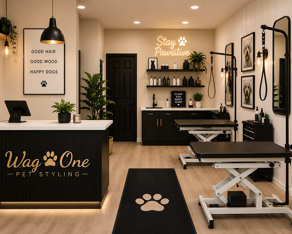 Eye-level view of a grooming salon with clean equipment and a well-organized workspace