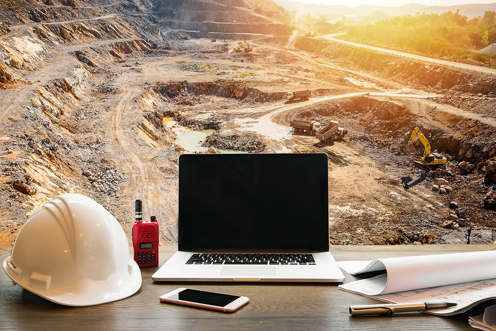 Engineering Industry concept, workspace of engineer on opencast mining quarry with lots of
