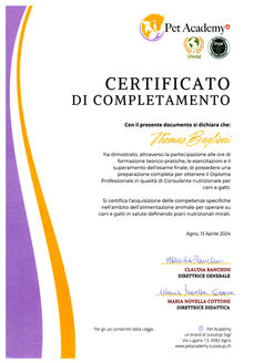 Certificato di completamento di Thomas Baglioni come consulente nutrizionale per cani e gatti, rilasciato da Pet Academy con accreditamento IPHM.