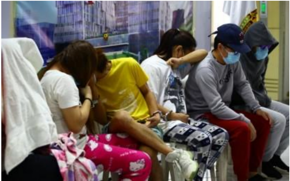 Seven arrested trafficking suspects at its Quezon City office on July 1, 2024. (Photo by Joan Bondoc)