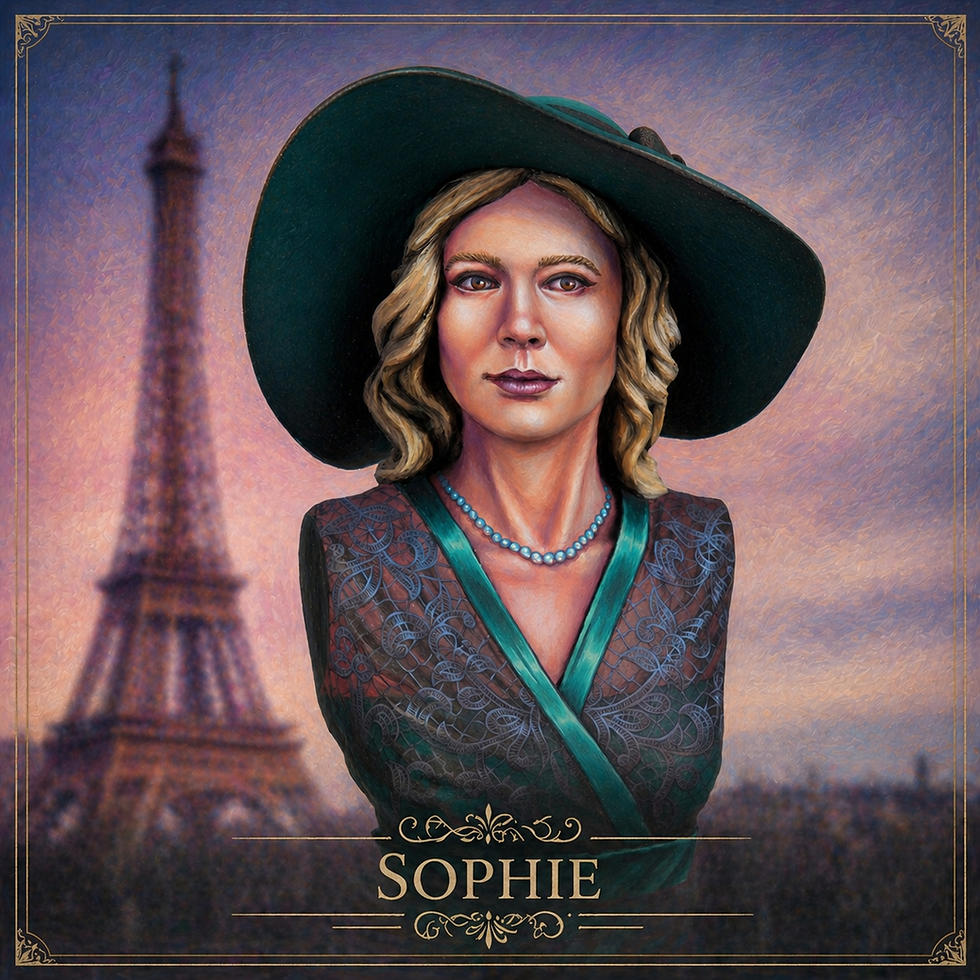 Miniatura busto dipinto personalizzato “Sophie” in stile elegante francese, con grande cappello verde petrolio, abito decorat