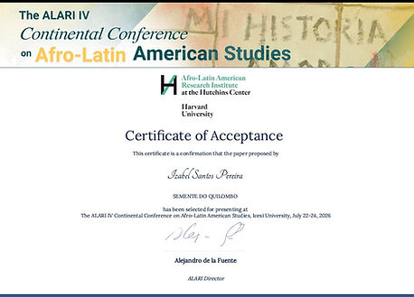 Certificado de aceite emitido pelo Afro-Latin American Research Institute (ALARI), vinculado ao Hutchins Center for African & African American Research, da Universidade de Harvard.