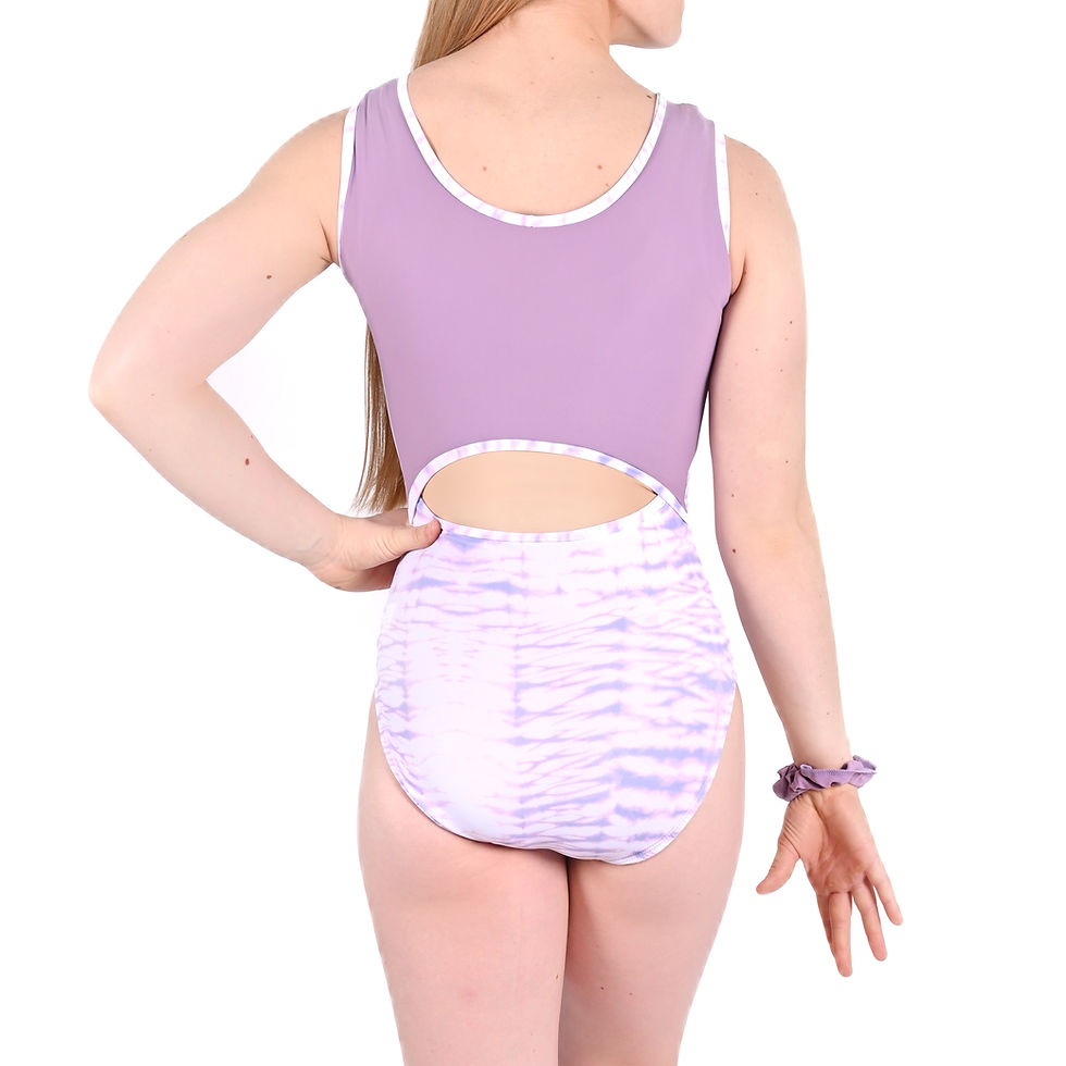 Back Flip Lavender Latte girl's gymnastics leotard, purple tie-dye bodice, secure fit