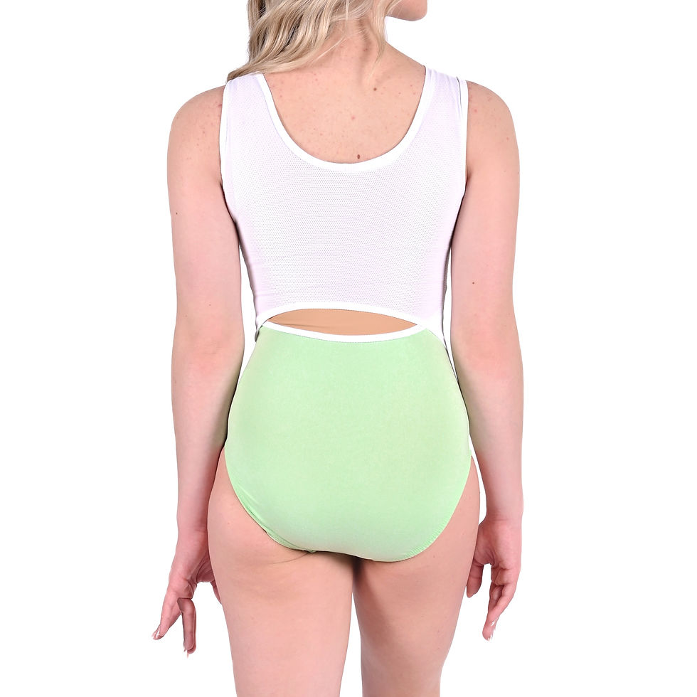 Morning Mint Breezy Mesh gymnastics leotard, ultra-comfort hand-peached base, sport mesh back panel, training wear