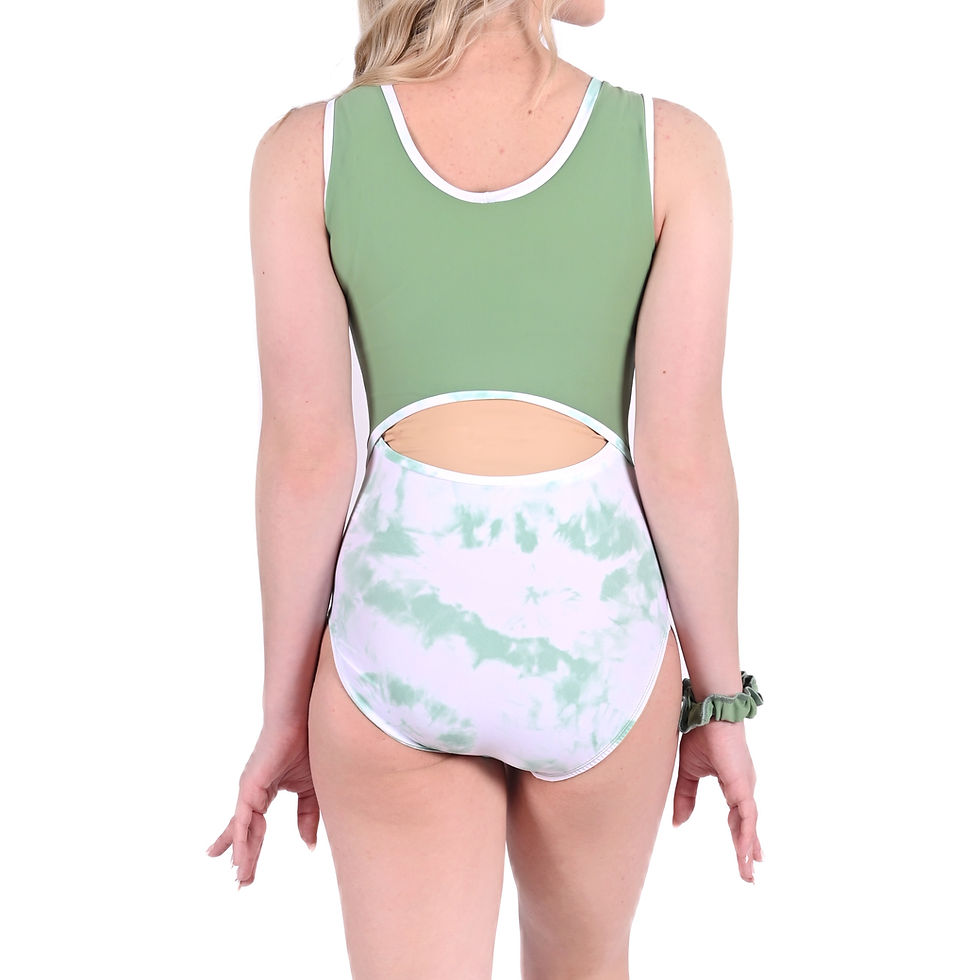 Women’s gymnastics leotard in Back Flip style featuring a rich tie-dye lycra bodice paired with a contrasting green “Matcha M