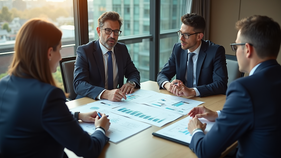 High angle view of a business meeting discussing financial reports