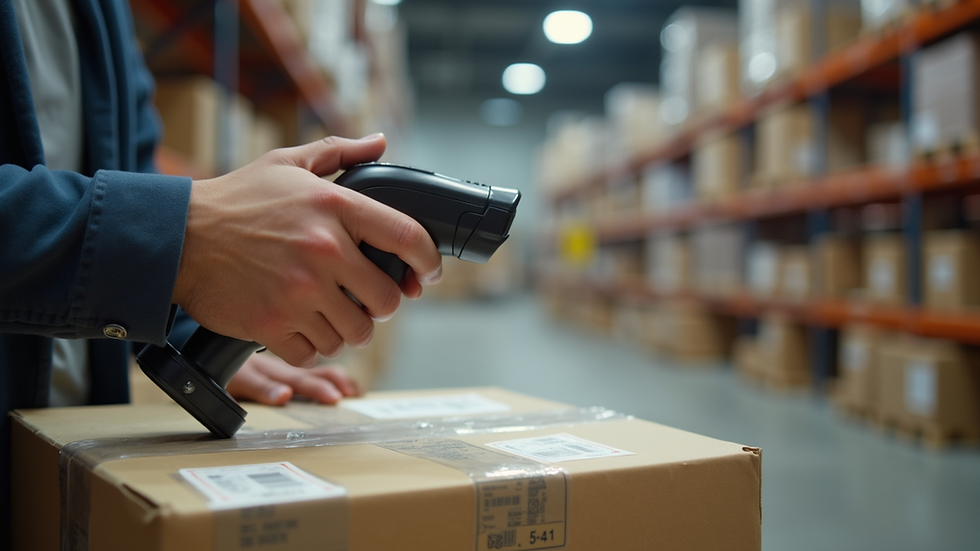 Close-up view of warehouse worker scanning barcode on inventory box