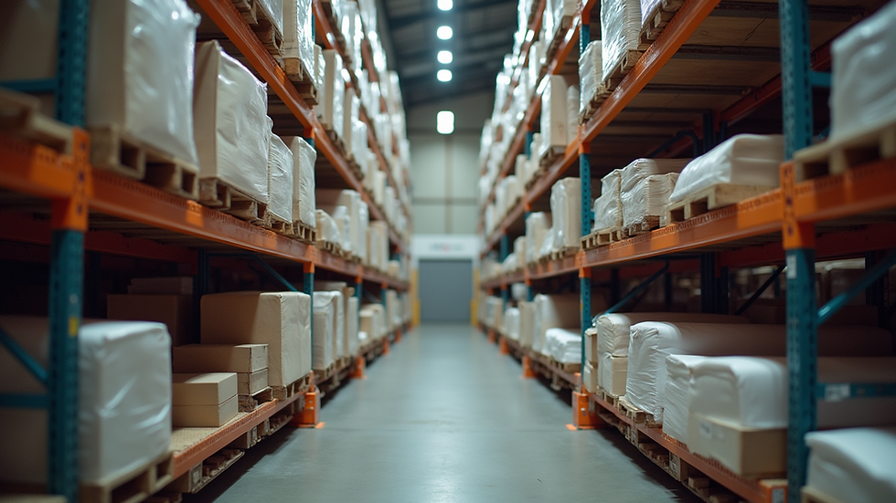 Eye-level view of warehouse shelves stocked with textile rolls