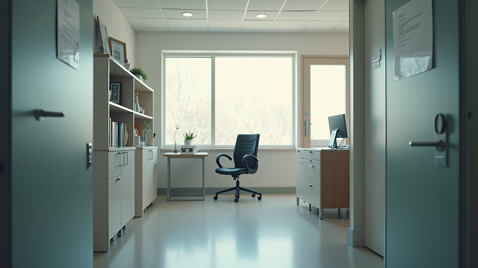 Eye-level view of a cozy medical office with a welcoming doctor’s desk