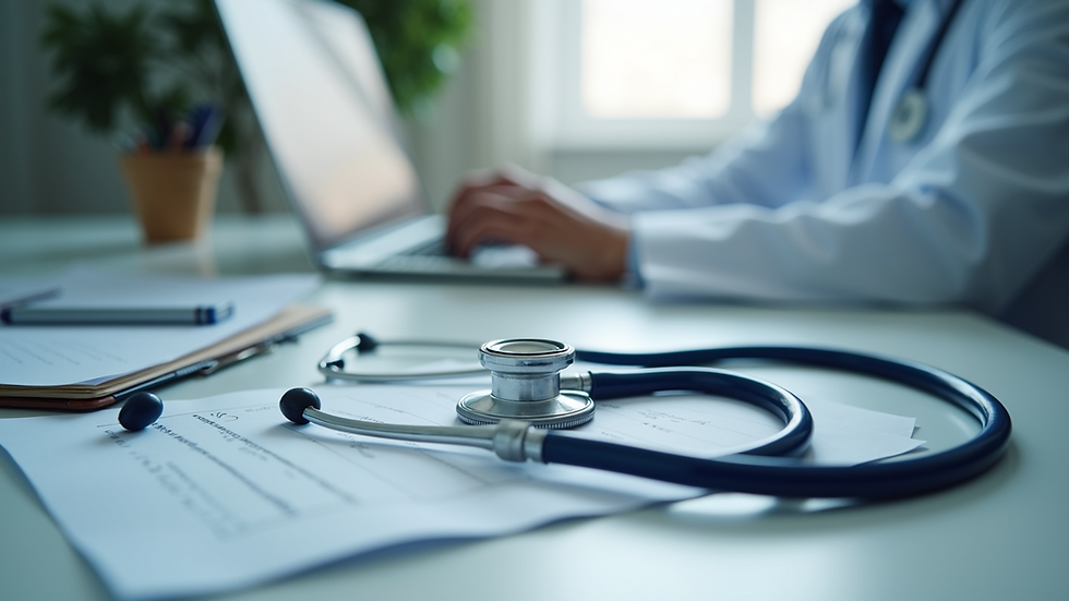 Close-up view of a doctor’s desk with a stethoscope and health notes