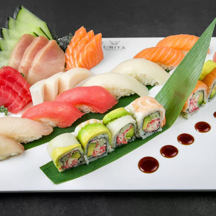 Sashimi, nigiri, and sushi roll platter at Umiya Raleigh