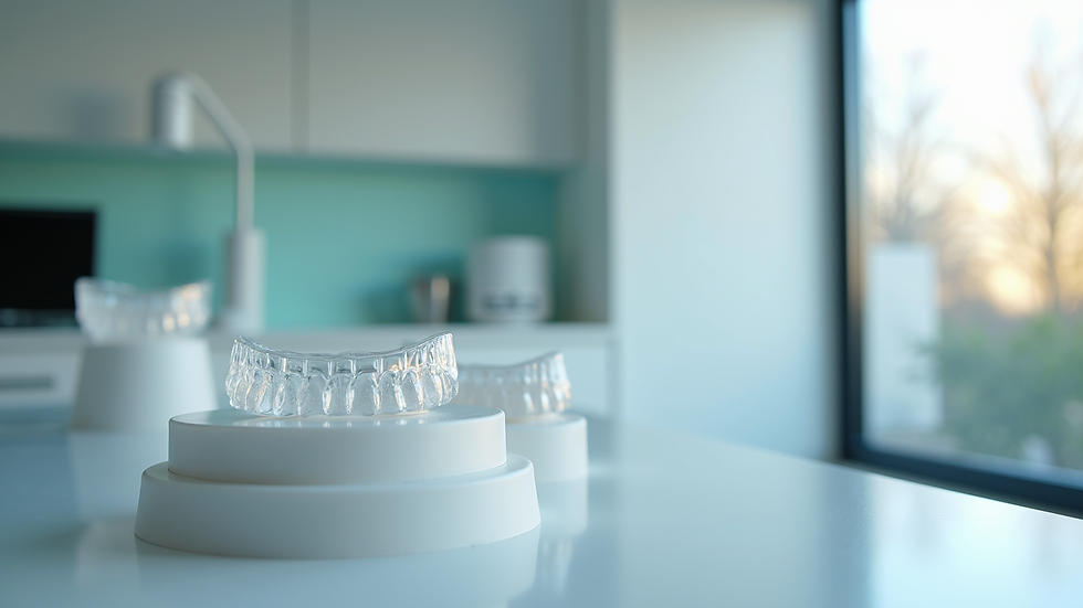 Eye-level view of a dental clinic with clear aligner models on display