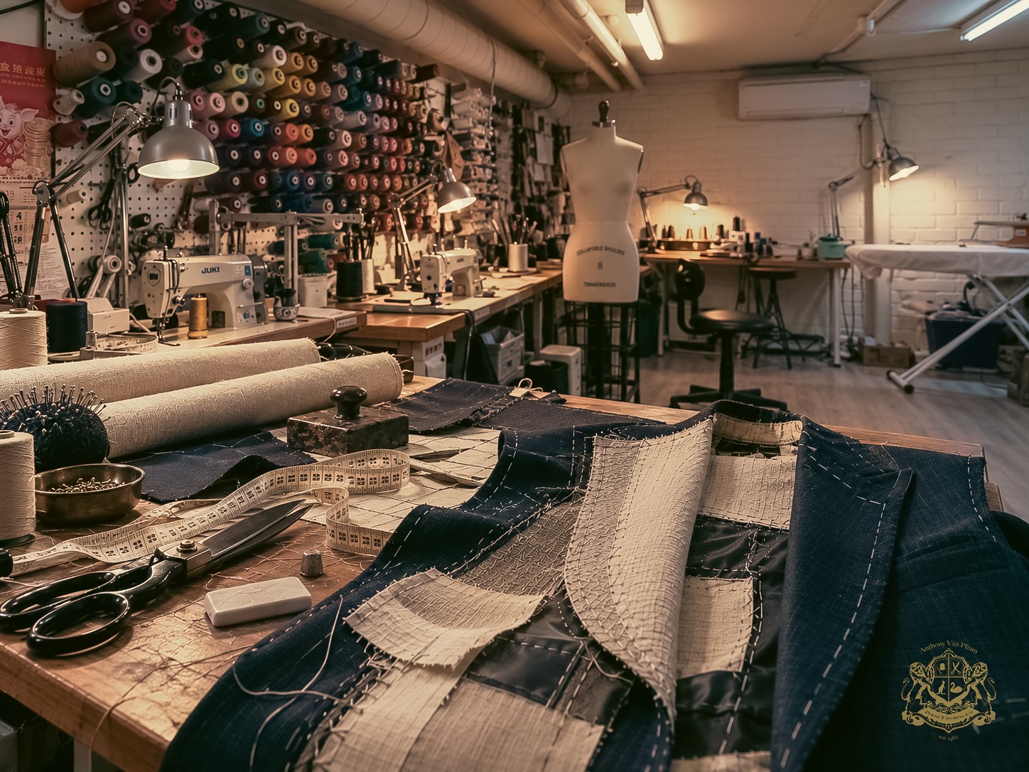 Cut and basted jacket canvas on a workbench in the Perth Tailoring Co tailoring workshop