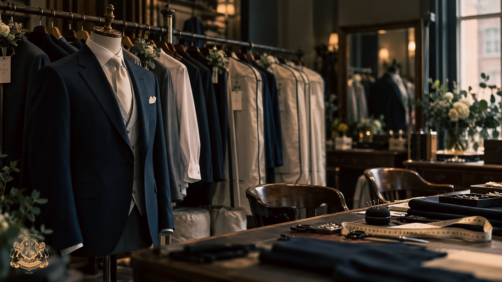 Wedding suit displayed in a tailoring studio with garments awaiting preparation and tailoring tools on the workbench