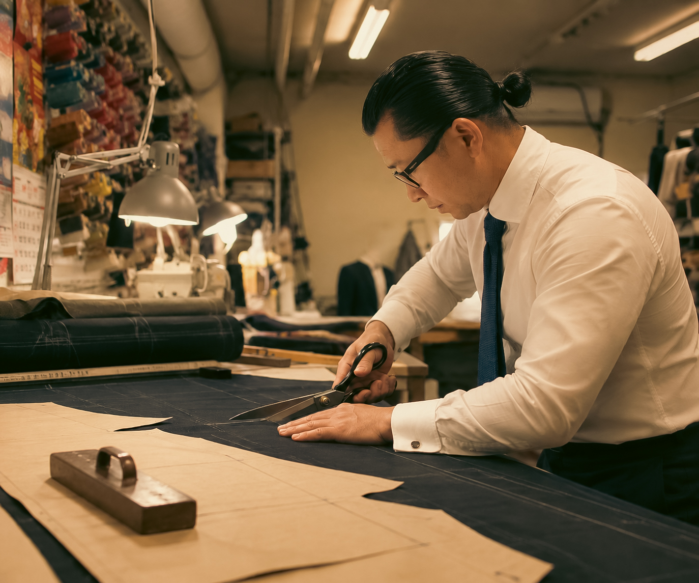 Anthony Van Pham working with cloth and tailoring shears