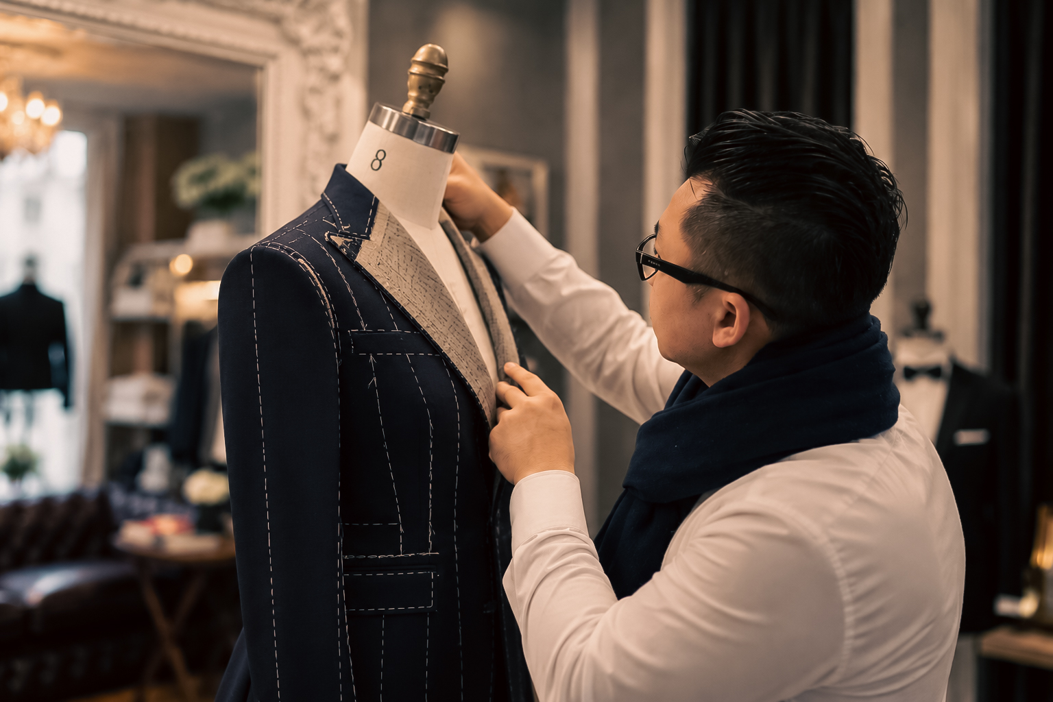 Tailor working on a suit jacket during the custom tailoring process