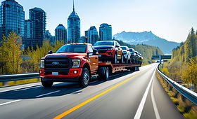 A red truck travels down a road, with a cityscape behind it, representing car shipping in Airdrie using an open hauler.