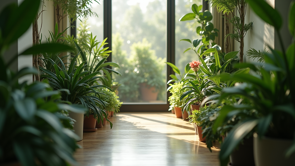 Eye-level view of a serene indoor garden with lush plants