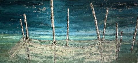 A serene oil painting by a contemporary fine artist of a fishing net in the waters of the Venice Lagoon.