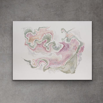 A watercolor painting by a contemporary fine artist, showing an abstract pattern in shades of green and pink.