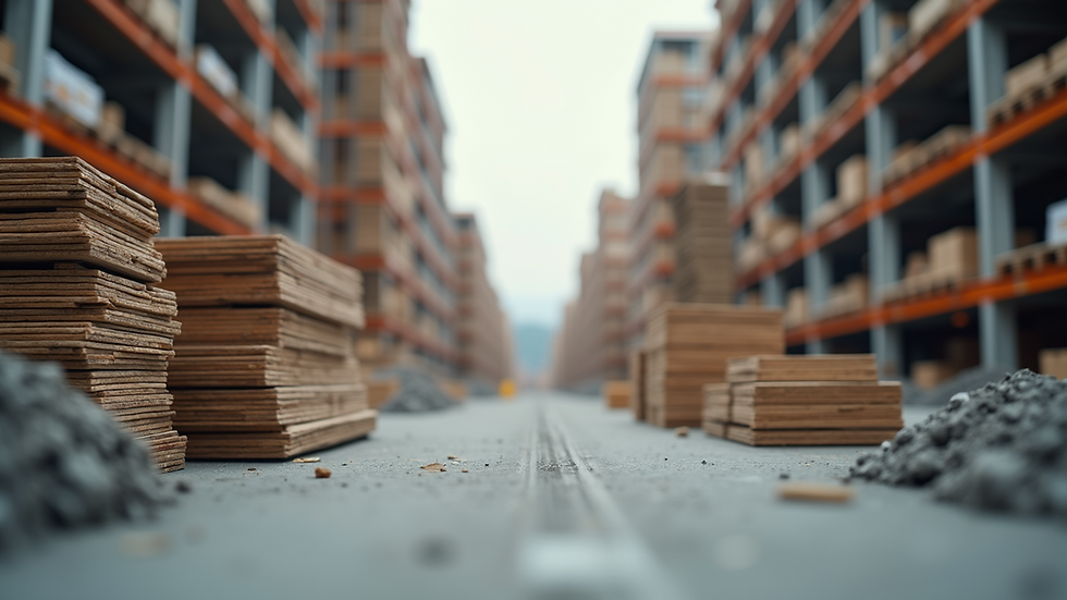 Eye-level view of organized construction materials on a clean site