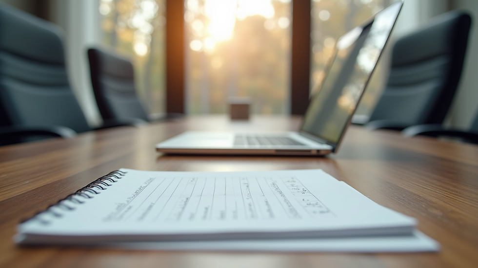 Close-up view of a conference room table with a laptop and notes prepared for a virtual leadership workshop