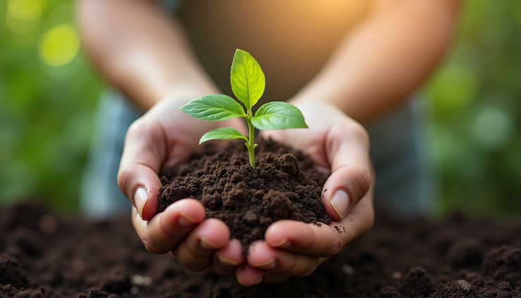 Eye-level view of a person gently holding a small plant sprouting from soil in their hands