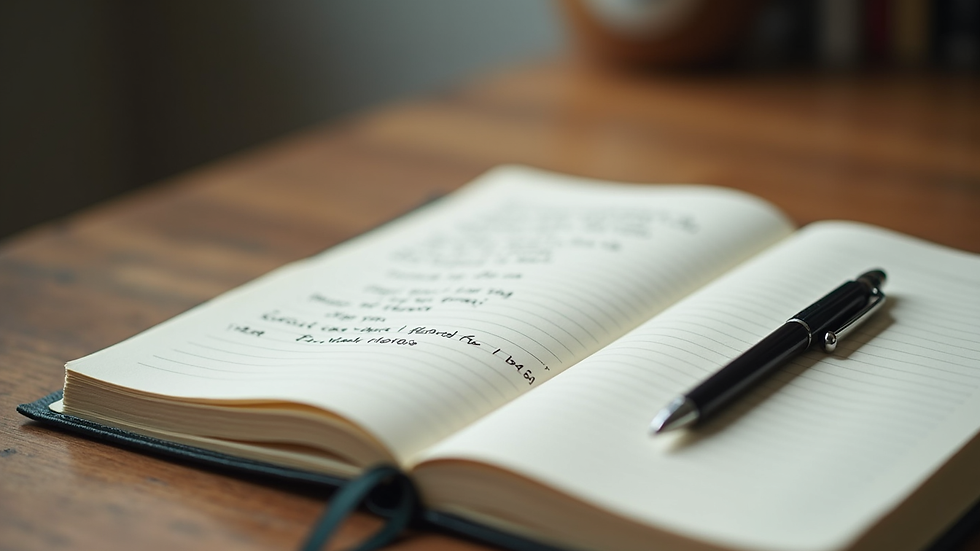 Close-up view of a journal with motivational notes and a pen on a wooden desk