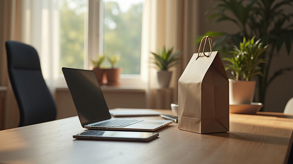 Eye-level view of a cozy home office with a laptop and shopping items