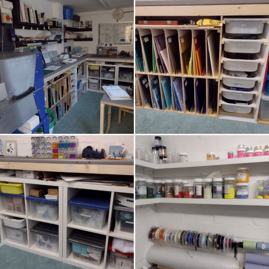 Workshop storage and organization with shelves, bins, and labeled containers. Tam's Glass