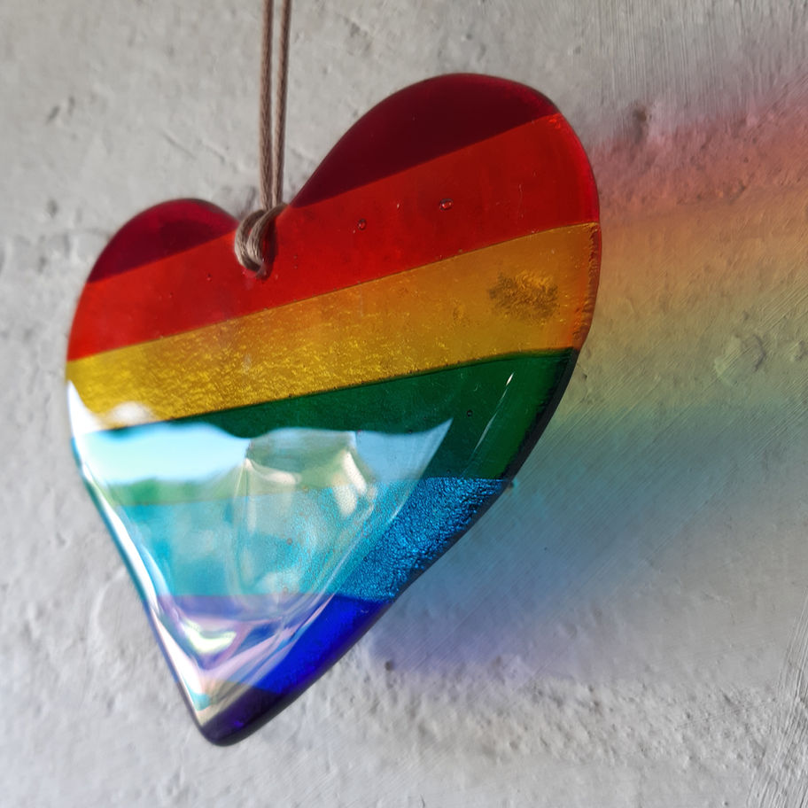 Rainbow heart shaped glass art with rainbow. Colorful pride hanging decoration, Tam's Glass