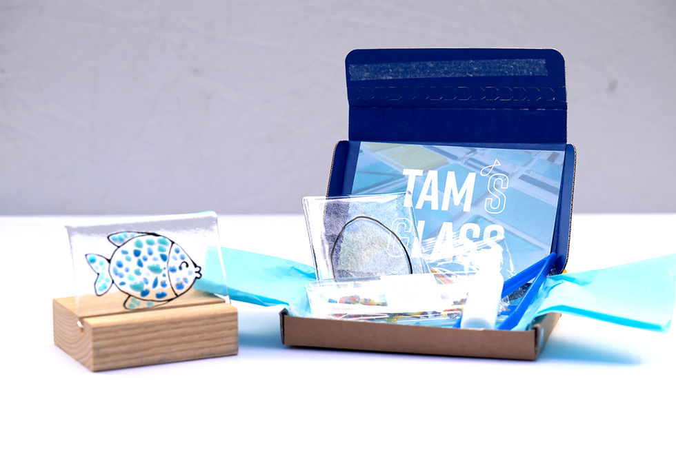 DIY fused glass art kit displayed on a table, including a finished glass artwork of a blue fish on a wooden stand