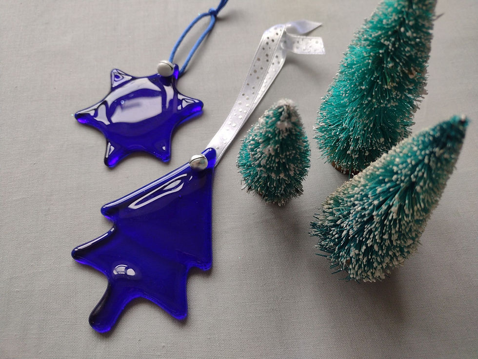 Blue fused glass star and Christmas tree decorations with miniature trees Pack of Two Fused Glass Christmas Tree Decorations.