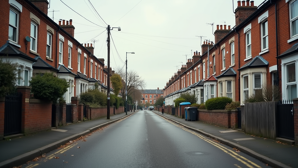 Eye-level view of a UK residential street with terraced houses