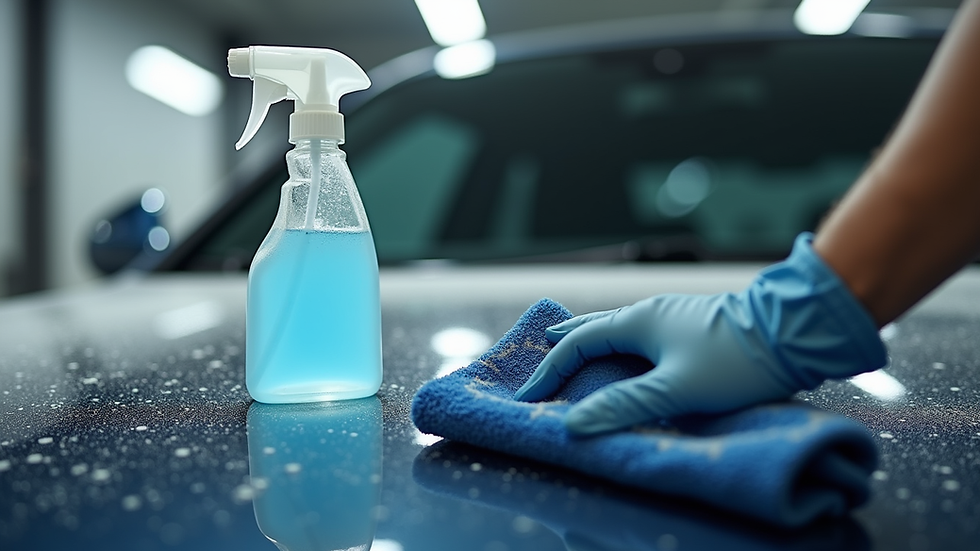 Close-up view of a professional car detailing spray bottle and microfiber cloth