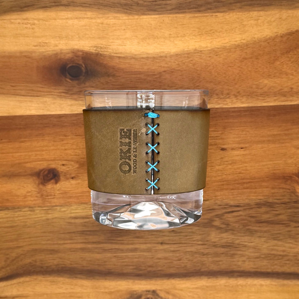 Thumbnail: Dad designed genuine leather whiskey sleeve koozie weighted glass back view cyan thread handstitched