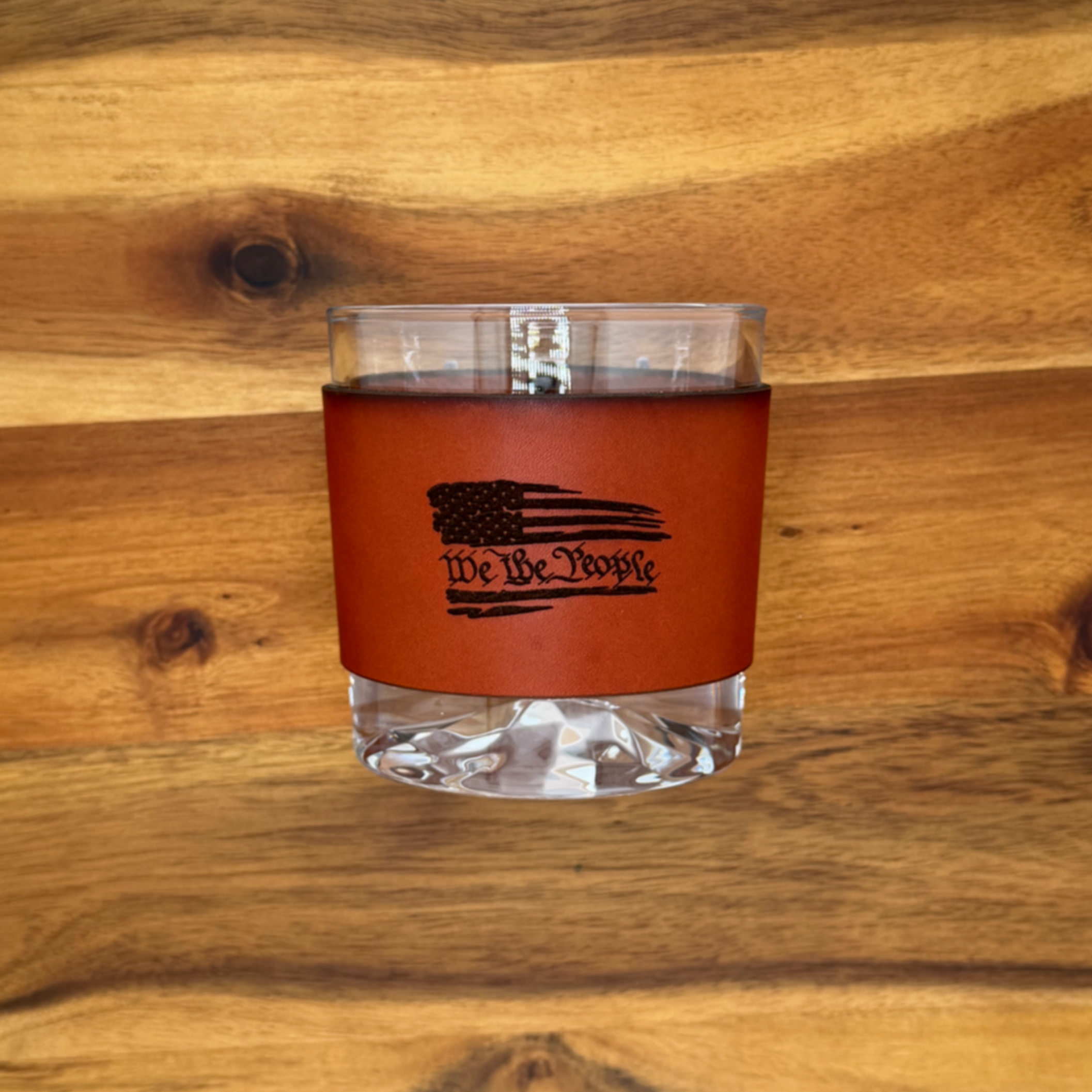 We the People, Genuine Chestnut Leather Whiskey Sleeve, Weighted whiskey glass, koozie