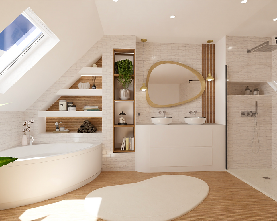 Une conception de salle de bain/ douche… la demande de notre cliente : conserver la baignoire d’angle où elle adore lire en prenant un bain 😉 et ajouter une douche dans cette pièce tout en longueur. Nous avons fait le choix d’un carrelage effet bois au sol qui apporte de la chaleur et une touche naturelle à cet espace. Des niches ont étés créés, soulignées avec ce même carrelage, offrant ainsi un espace de rangement pratique et esthétique. Pour y disposer les produits de beauté préférés, des bougies parfumées ou même des plantes pour une ambiance spa à la maison…