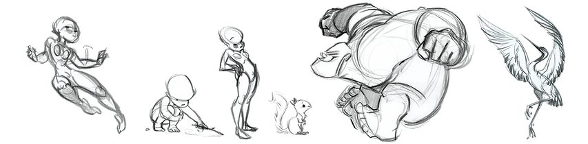 different pencil sketches of humans and animals