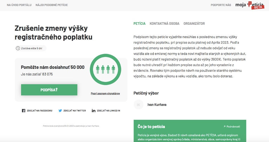 Petícia za zrušenie reformy o výške registračných poplatkov na auto