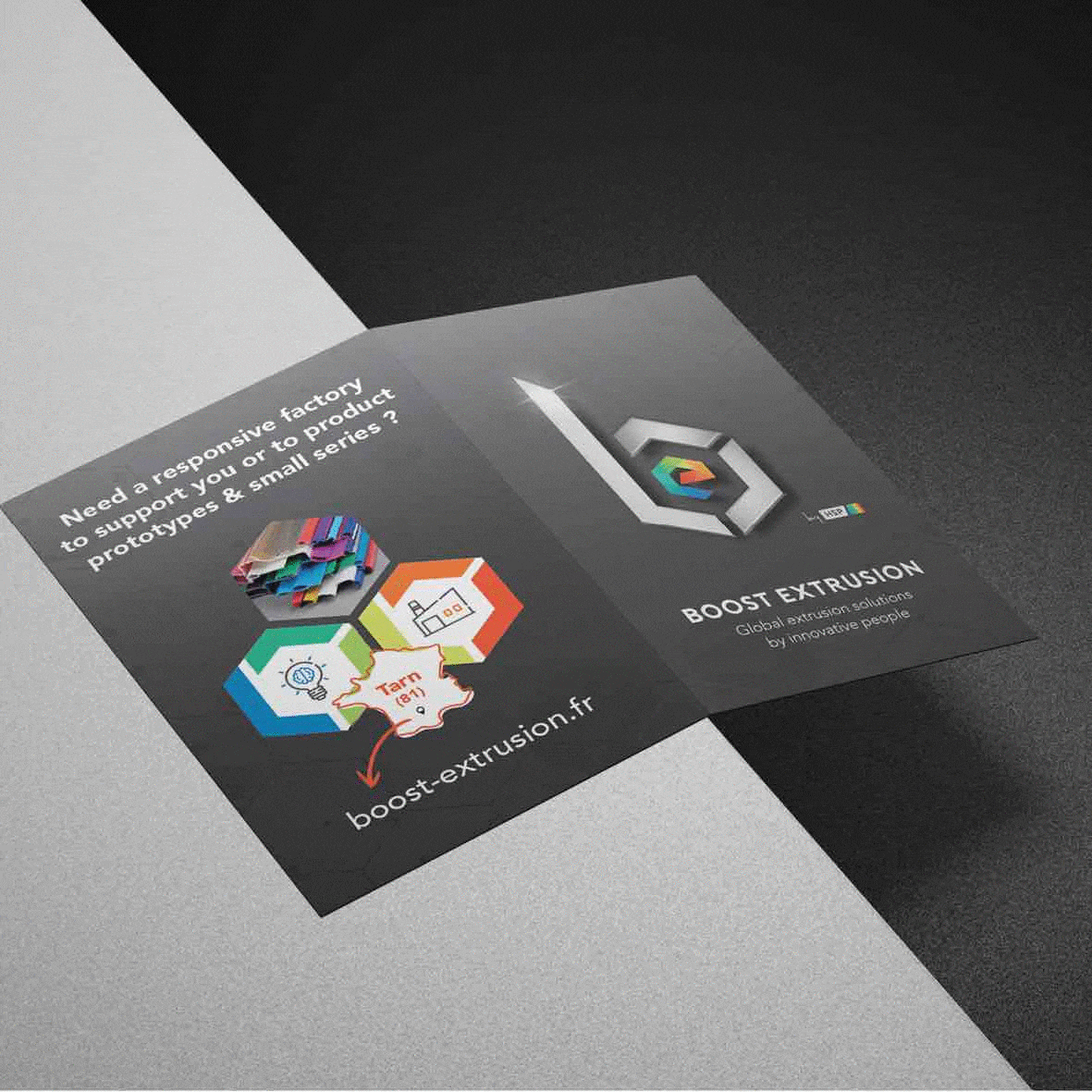 Carte de visite de Marc Tourte, fondateur de Boost Extrusion, avec résumé des services proposés