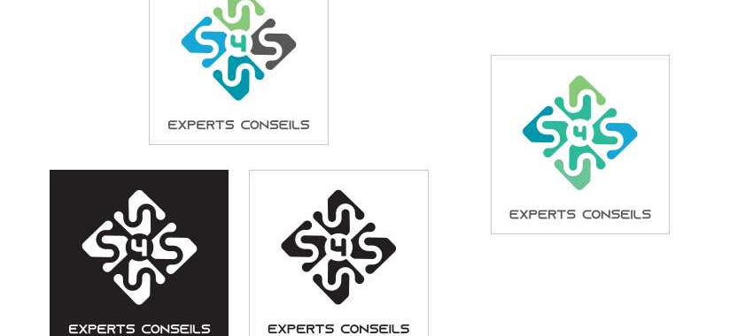 Déclinaisons du logo 4S Experts Conseils - piste n°3, version multicolore, monochrome et noir & blanc avec baseline La synergie a un sens