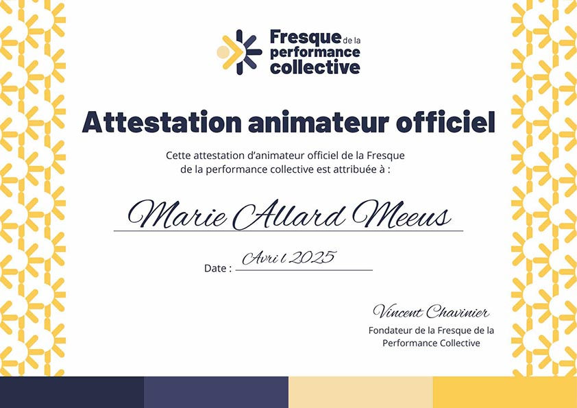 Attestation officielle d’animatrice certifiée à la Fresque de la Performance Collective attribuée à Marie Allard Méeus en avril 2025.