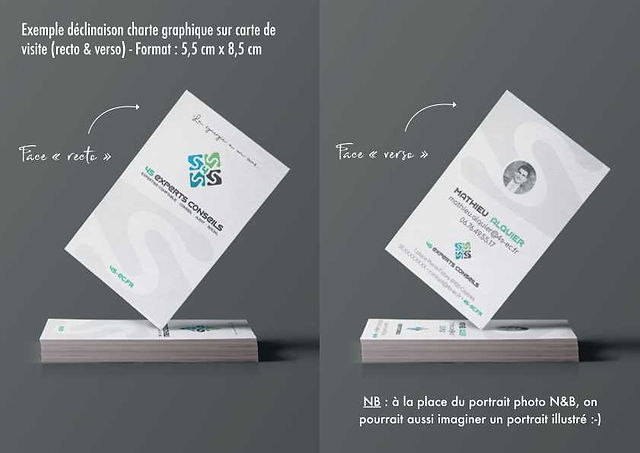 Carte de visite recto-verso pour 4S Experts Conseils avec design sobre et moderne, intégrant le portrait du collaborateur et les éléments graphiques liés à la charte.